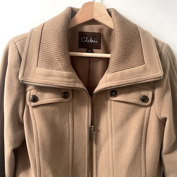 Cole Haan wool blend military trench coat jacket beige tan zipper size 4 - Picture 2 of 14